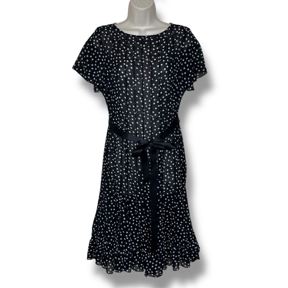 Sandra Darren Black White Polka Dot Sheer Pintuck Full Ruffle Hem Skirt Dress 6